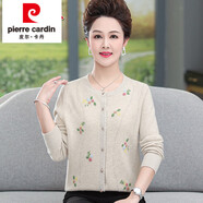 皮爾卡丹（pierre cardin）上海羊毛衫高端100純羊絨開衫圓領(lǐng)針織打底衫洋氣媽媽毛衣繡花 淺駝 3XL 140 - 155斤