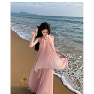 元族后媽裾假洋裝露背長裙氛圍拍照女神穿搭性感仙氣套裝裙 潛粉色(高品質(zhì)，帶胸墊) L