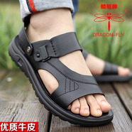 蜻蜓牌夏季男士休閑涼鞋真皮牛皮軟底沙灘鞋透氣外穿兩用防滑涼拖鞋 1912黑色 44