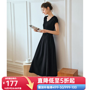 Olrain歐芮兒深灰色連衣裙女裝夏季新款時尚收腰顯瘦傘擺裙子 黑色 L