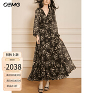 OEMG輕奢時(shí)尚長袖連衣裙2025春秋復(fù)古玫瑰花印花長裙優(yōu)雅氣質(zhì)褶皺高腰 黑色玫瑰長裙 M