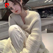 皮爾卡丹（pierre cardin）韓版純色針織開(kāi)衫慵懶風(fēng)顯瘦女裝2025春秋新款中長(cháng)款毛衣女厚外套 米白色 XL