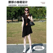 黑色收腰短袖洋裝女夏2025新款不規(guī)則荷葉邊魚尾圓領(lǐng)a字短裙子 黑色【腰間抽褶-遮肉顯瘦】 S
