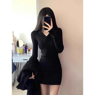 建功秋冬包臀毛衣裙打底修身短裙連體連衣裙緊身女裝秋季短款內(nèi)搭小媽 黑色 L