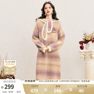 兩三事糖果夢鄉(xiāng) 2024冬季新款趣味貼布繡可拆帽子漸變色毛衣裙連衣裙 卡其 L