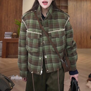 森馬復古港風(fēng)翻領(lǐng)格紋拼接衛衣外套女2025春秋季新款潮流百搭長(cháng)袖夾克 森馬綠格 XL (建議115-130斤)