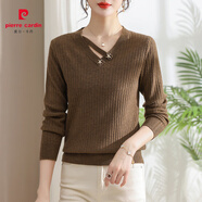 皮爾卡丹（pierre cardin）V領(lǐng)針織上衣打底衫時(shí)尚洋氣減齡小衫春秋寬松大碼新款毛衣女 咖啡色 S (建議95斤以?xún)?