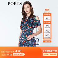 PORTS寶姿商場(chǎng)同款新品女裝優(yōu)雅紅花藍屋露肩連衣裙LN8D131HPT037 丈青印花 M (6)