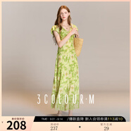 三彩2025夏季新款碎花印花連衣裙法式A字裙V領(lǐng)鏤空長裙浪漫M 芥末綠花卉 M 160/84A