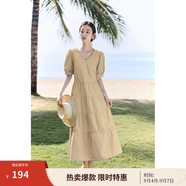 茵曼（INMAN）純棉法式氣質(zhì)連衣裙女裝2025夏季新品顯瘦V領(lǐng)泡泡袖A字長(cháng)裙子 卡其色 M