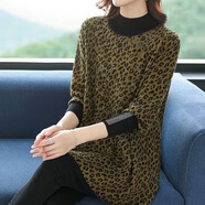 夏典素訂女王（SE.PSTP）新款高領(lǐng)中長(cháng)款加大毛衣上衣打底衣裙豹紋m媽寬松肚子秋冬針織 綠色 M 【90-100斤】