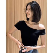 吉馬克（jimake）甜辣純棉露肩短款t恤女短袖夏裝修身高腰純欲一字肩緊身斜肩上衣F 黑色【優(yōu)質(zhì)高彈純棉】 XL  115-130斤
