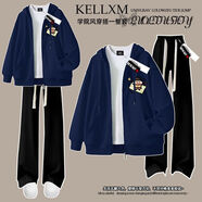 G.DUCKKIDS蠟筆小新印花加絨拉鏈連帽衛衣套裝男女童秋冬時(shí)尚百搭潮牌兩件套 藏青色拉鏈衛衣+黑色褲子【春秋 150 cm