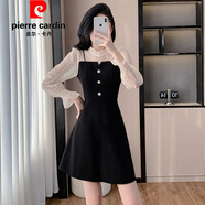 皮爾卡丹（pierre cardin）新品2025秋季新款法式氣質(zhì)甜美網(wǎng)紗拼接亮片收腰a字顯瘦長(cháng)袖連衣 黑色___(普通版) 2XL _建議125-135斤
