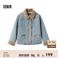 森馬（Semir）牛仔棉服女拼接毛領美式復古2024冬寬松毛邊夾克街頭潮流 牛仔淺中藍88601 XL 170/92A