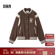 森馬（Semir）外套女刺繡拼接撞色寬松夾克2024冬季仿毛呢棒球服109724108004