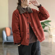 AEMAPE新年戰袍羊羔毛翻領(lǐng)加絨加厚短外套女2026秋冬保暖棉襖休閑夾克女 紅色 L 115-130