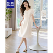 羅蒙（ROMON）夏季休閑短袖連衣裙女裝2024新款韓版顯瘦高腰中長(zhǎng)款收腰連衣裙子 米白色 M （100-110斤）