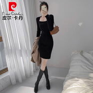 皮爾卡丹（pierre cardin）針織連衣裙女2025秋冬修身內(nèi)搭中長(zhǎng)款收腰包臀方領(lǐng)打底毛衣短裙子 黑色 S 80-100斤