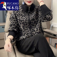 啄木鳥(niǎo)秋冬豹紋毛呢外套短款高級洋氣拉鏈韓版時(shí)尚開(kāi)衫上衣夾克新款女裝 黑豹紋 3XL 【建議135-150斤】