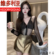 維多利亞的格調(diào)純欲黑色網(wǎng)紗襯衫女夏季薄款防曬罩衫打底襯衣甜辣妹長袖上衣薄款 黑色 均碼