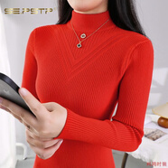 夏典素訂女王（SE.PSTP）半高領(lǐng)新款秋冬毛衣2025修身顯瘦長(cháng)袖純色針織衫內搭洋氣打底上衣 紅色 雙層領(lǐng) 厚款 XL 115-125斤