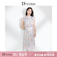 黛瑪詩顯瘦花裙子夏季新款文藝風個性印花系帶領無袖連衣裙女 白色 L
