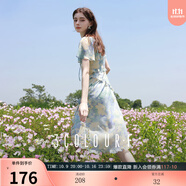 三彩獨(dú)醒2025夏季新款荷葉邊印花雪紡裙連衣裙度假風(fēng)長(zhǎng)裙F 冰川藍(lán)花卉 S 155/80A