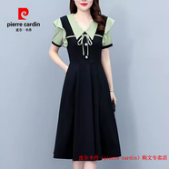 皮爾卡丹（pierre cardin）大碼胖mm假兩件黑色連衣裙女裝夏季收腰顯瘦中長款短袖法式A字裙 黑色 4XL 建議150-165斤