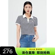敦奴夏季新款短袖復(fù)古POLO衫亮絲混紡條紋撞色女T恤 本白 S
