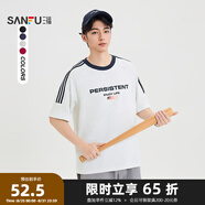 三福2025夏季男士運動(dòng)風(fēng)杠條短袖T恤 休閑寬松圓領(lǐng)上衣497849 淺灰 L