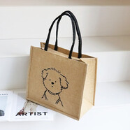 亞麻手提袋帶拉鏈大容量麻布女?huà)屵浒习嗤ㄇ谕刑匕獬雎糜钨徫?大號【呆萌狗狗】拉鏈款