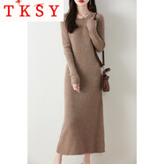 TKSY秋冬新款羊絨寬松長(cháng)款連衣裙女圓領(lǐng)休閑長(cháng)袖純色羊毛針織直筒長(cháng)裙 深駝色 S