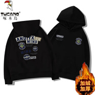 啄木鳥(niǎo)美式復古白灰色連帽衛衣男秋裝冬季潮牌寬松上衣服男女情侶外套 黑色 （加絨款） XL 建議體重（110-135斤）