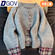 DGOV假兩件韓系圓領(lǐng)拼接格子毛衣女2025秋季新款針織外套寬松休閑開(kāi)衫 灰色zt 2XL 建議130-150斤