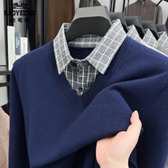 老爺車(chē)（LAOYECHE）假兩件毛衣男士秋冬襯衫領(lǐng)含羊毛長(cháng)袖針織衫保暖休閑爸爸裝打底衫 CX-RS2563深藍 4XL (190) 推薦190-210斤