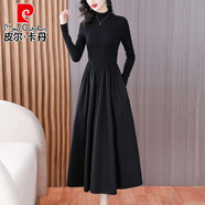 皮爾卡丹（pierre cardin）氣質(zhì)黑色高領(lǐng)連身裙女高級感2025春秋季新款收腰修身顯瘦打底裙子 黑色 M
