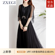 ZXEGI裙子夏天女裝時尚桑蠶絲100%真絲連衣裙法式洋氣收腰顯瘦裙子女 黑色 L （90-105斤）