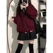 伊琦蕾（YIQILEI）2025新款美拉德毛衣開(kāi)衫女小個(gè)子秋冬外套學(xué)院風(fēng)穿搭針織衫裙套裝 酒紅毛衣+黑色裙+領(lǐng)繩(沒(méi)有襯衫) S