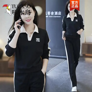 啄木鳥(niǎo)300斤大碼胖mm中年媽媽運動(dòng)服套裝女春秋洋氣減齡寬松長(cháng)袖兩件套 黑色【上衣+褲子】 2XL_130-145斤