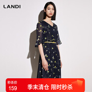 藍地（LANDI）V領(lǐng)短袖收腰碎花印花連衣裙女年夏季新款中長(cháng)款裙子 花色 S