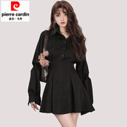 皮爾卡丹（pierre cardin）法式長袖黑色顯瘦設(shè)計感氣質(zhì)連衣裙2025春季襯衫裙女裝裙子D0243 黑色 S 100以下