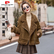 皮爾卡丹（pierre cardin）皮毛一體毛毛領(lǐng)外套女2025冬新款小個(gè)子加厚保暖加絨機車(chē)服棉服女 咸菜綠 M 建議115斤以?xún)?
                                         title=