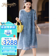 Homesee海外輕奢高端連衣裙氣質提花釘珠洋裝女時尚裙子歐貨大尺碼A字裙 天藍色 M 【130斤內】