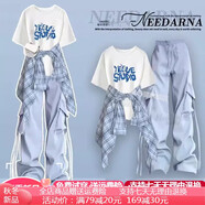 湯靈鼠女童夏季套裝新款初中學(xué)生女休閑三件套女大童短袖襯衫工裝褲夏裝 藍色三件套 短袖+襯衫+工裝褲 150 碼【建議75-90斤】