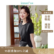 茵曼（INMAN）時(shí)尚百搭T恤女春夏季復(fù)古高級(jí)感開叉短袖圓領(lǐng)上衣 午夜黑 L