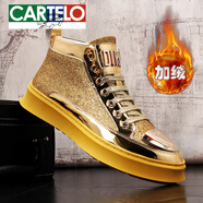 卡帝樂(lè )鱷魚(yú)（CARTELO）新款短靴金色男靴子亮片潮男高筒休閑板鞋牛仔靴內增高ins馬丁靴 (加絨款)金色增高版 43