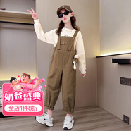 招晴瑜兒童背帶褲女童長款褲子9-12歲中大童女孩中小學生吊帶牛仔褲套裝 深卡其色 背帶褲+上衣 【兩 常規(guī) 170