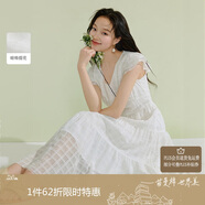 茵曼白月光小飛袖提花連衣裙夏季女裝度假風拼接花邊裙子 霜白色  L