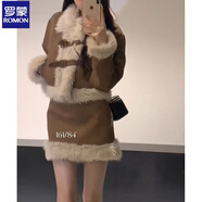 羅蒙冬季新款千金風(fēng)加絨加厚兩件套感夾棉毛毛領(lǐng)外套小香風(fēng)套裝裙 咖色外套+短裙【高質(zhì)量】 S